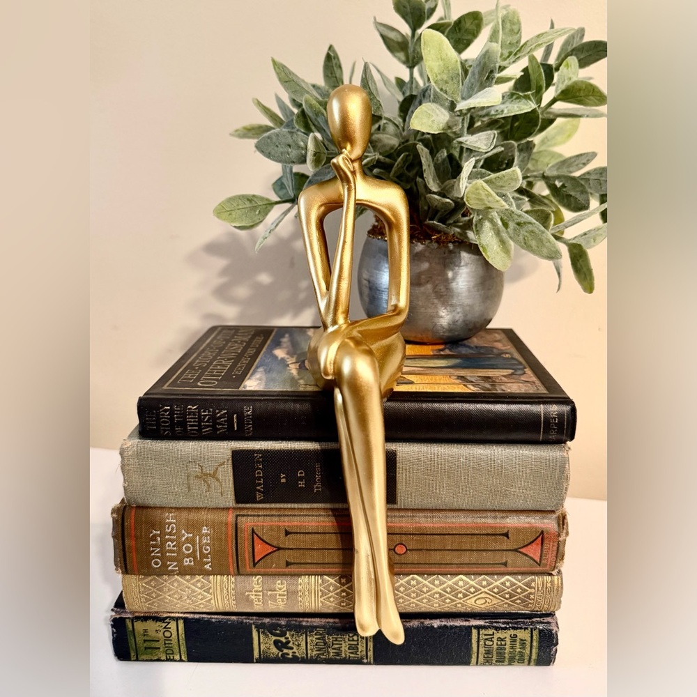 Gold Thinker Bookshelf Sitter Minimalist Figure Gift for Reader - Picture 2 of 6